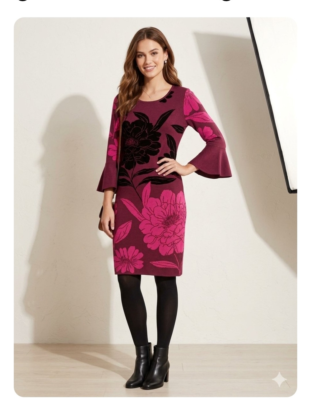 London Times Magenta Floral Bell-Sleeve Sweatee Midi Dress